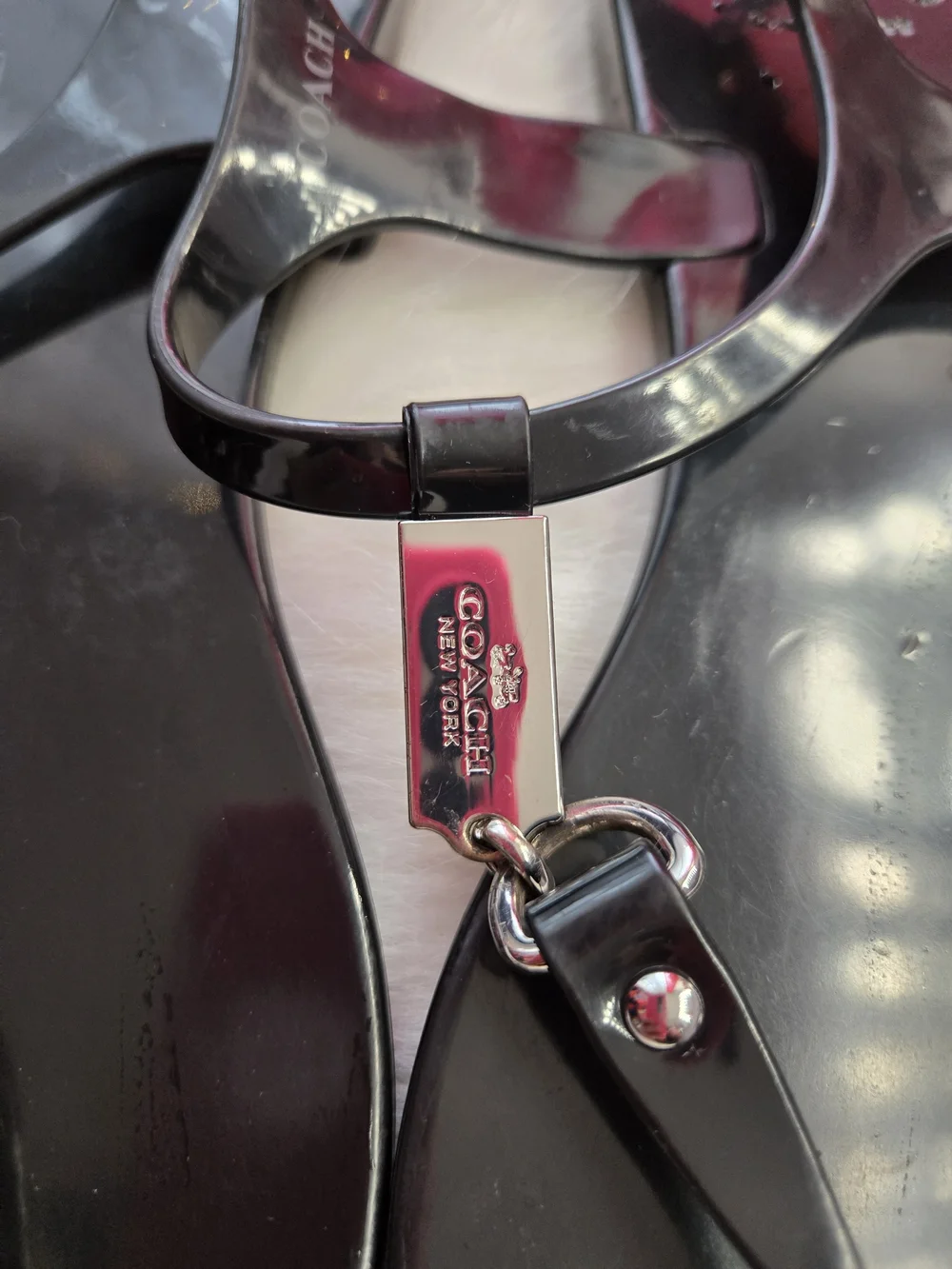 Coach Black Patent T-Strap Sandals with Silver Accents